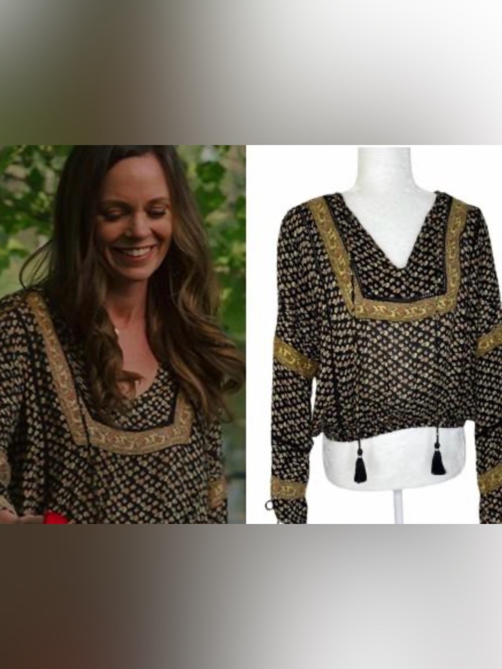AMUSE SOCIETY- Boho Black & Gold Floral V-Neck Blouse. Worn by Rachel Boston